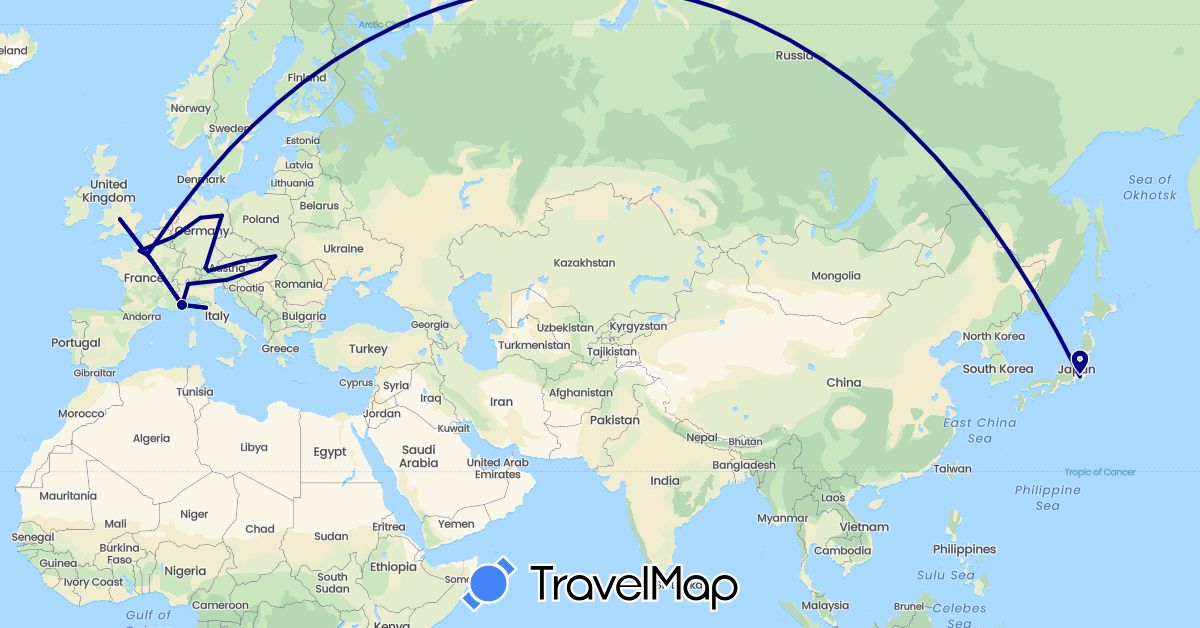 TravelMap itinerary: driving in Austria, Germany, France, United Kingdom, Hungary, Italy, Japan, Slovenia, Slovakia (Asia, Europe)